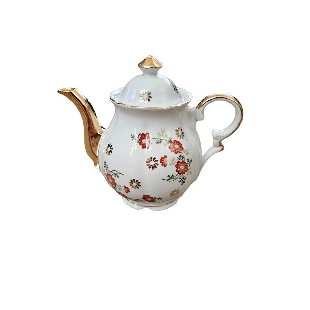 Trimont Ware 1970 Japanese Teapot Vintage Floral Gold Trim Porcelain Copper